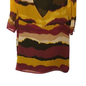 Calvin Klein Collection Yellow and Burgundy V-Neck Blouse